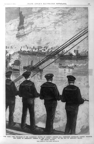 New York - the unvailing [i.e., unveiling] of the Bartholdi Statue of Liberty, October 28th - President Cleveland passing through the fleet of assembled vessels in the launch Vixne, on his way to Bedlow's Island [4 sailors standing in foregrd.; Statue of Liberty in backgrd.]