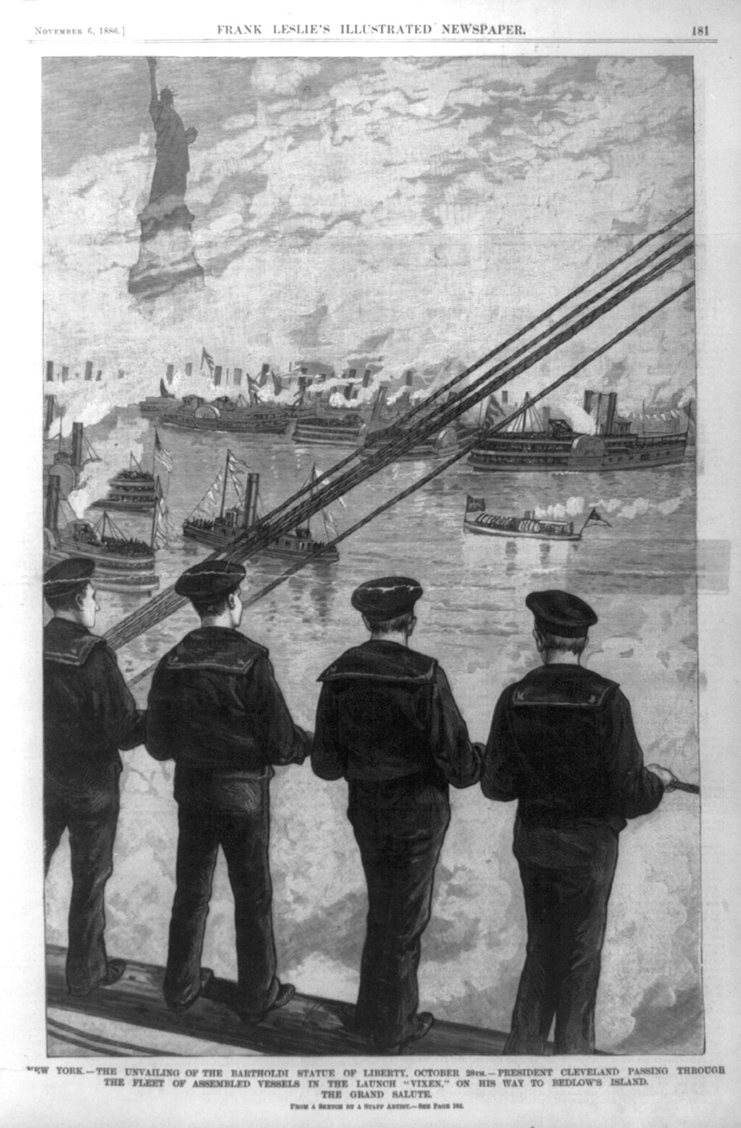 New York - the unvailing [i.e., unveiling] of the Bartholdi Statue of Liberty, October 28th - President Cleveland passing through the fleet of assembled vessels in the launch Vixne, on his way to Bedlow's Island [4 sailors standing in foregrd.; Statue of Liberty in backgrd.], 1886 — antique engraving