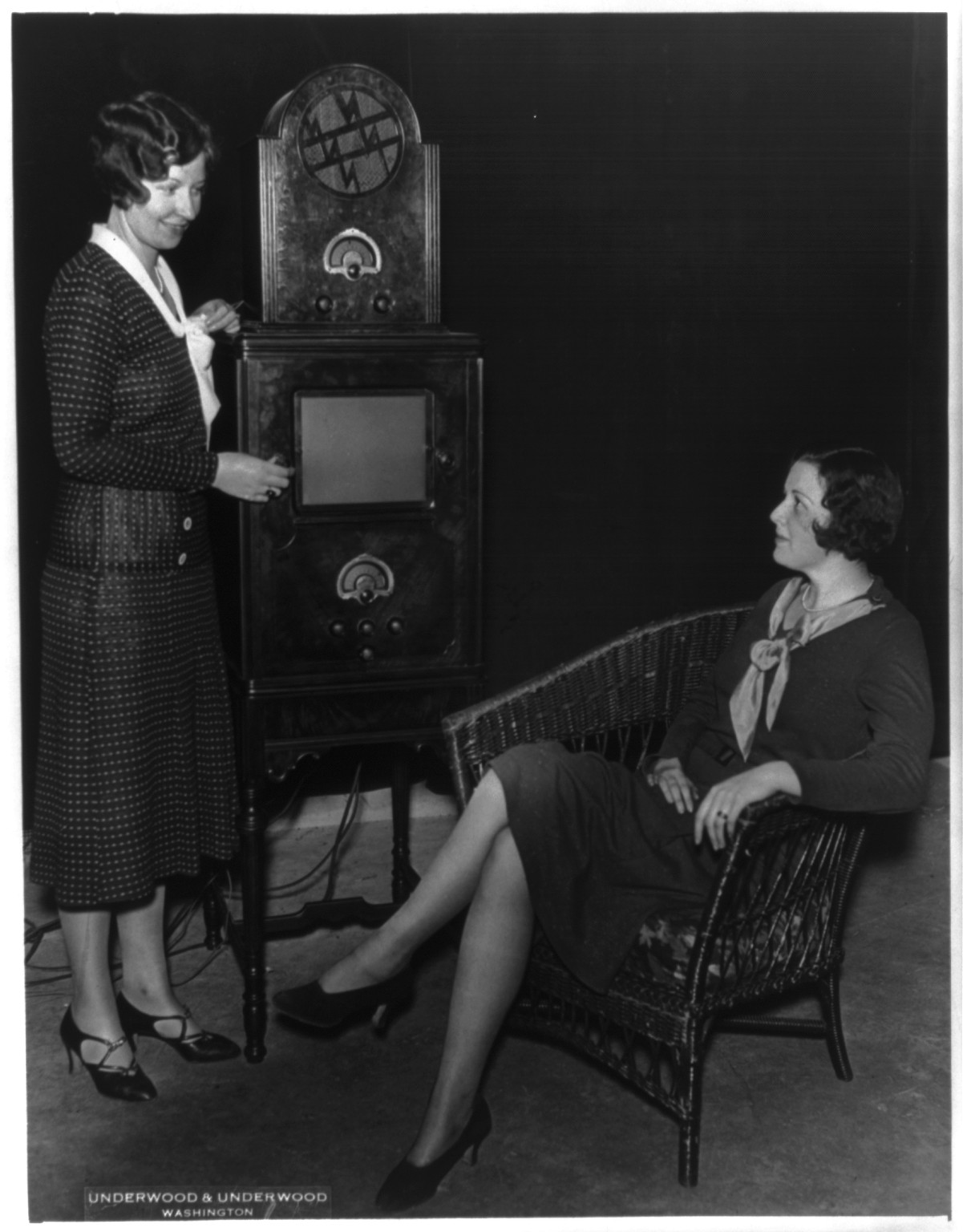Misses Fay Christian and Kay Campion with a television, which was being shown at the Seventh Annual Industrial Exposition, Washington, D.C. — historic photograph
