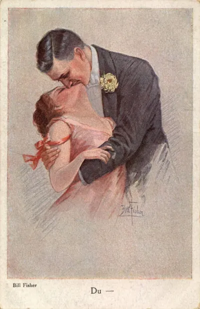 Couple embracing in romantic illustrated postcard, signed Bill Fisher, "Du
