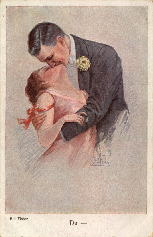 Couple embracing in romantic illustrated postcard, signed Bill Fisher, "Du — vintage postcard