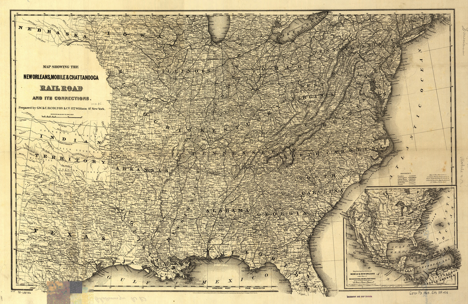 Map Showing the New Orleans, Mobile & Chattanooga Rail Road and its Connections, 1865 — antique map