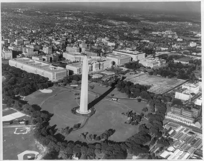 Aerial views of Washington, D.C.: Washington Monument; Fed Triangle in backgrd.