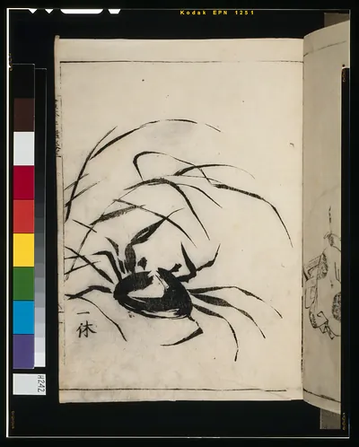 Ink drawing of a crab among grass, from a Japanese book