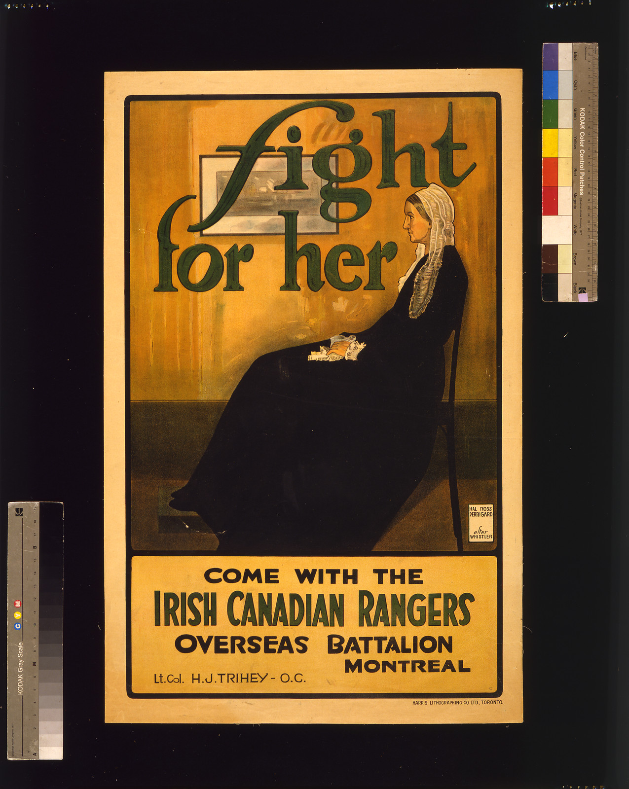 Fight for her. Come with the Irish Canadian Rangers Overseas Battalion Montreal / Hal Ross Perrigard after Whistler., 1915 — vintage poster