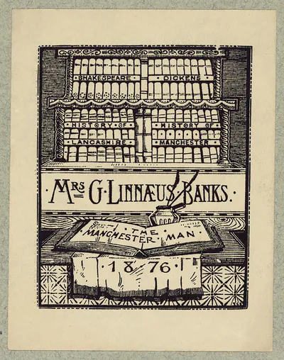 Bookplate of Mrs G. Linnaeus Banks, The Manchester Man, 1876
