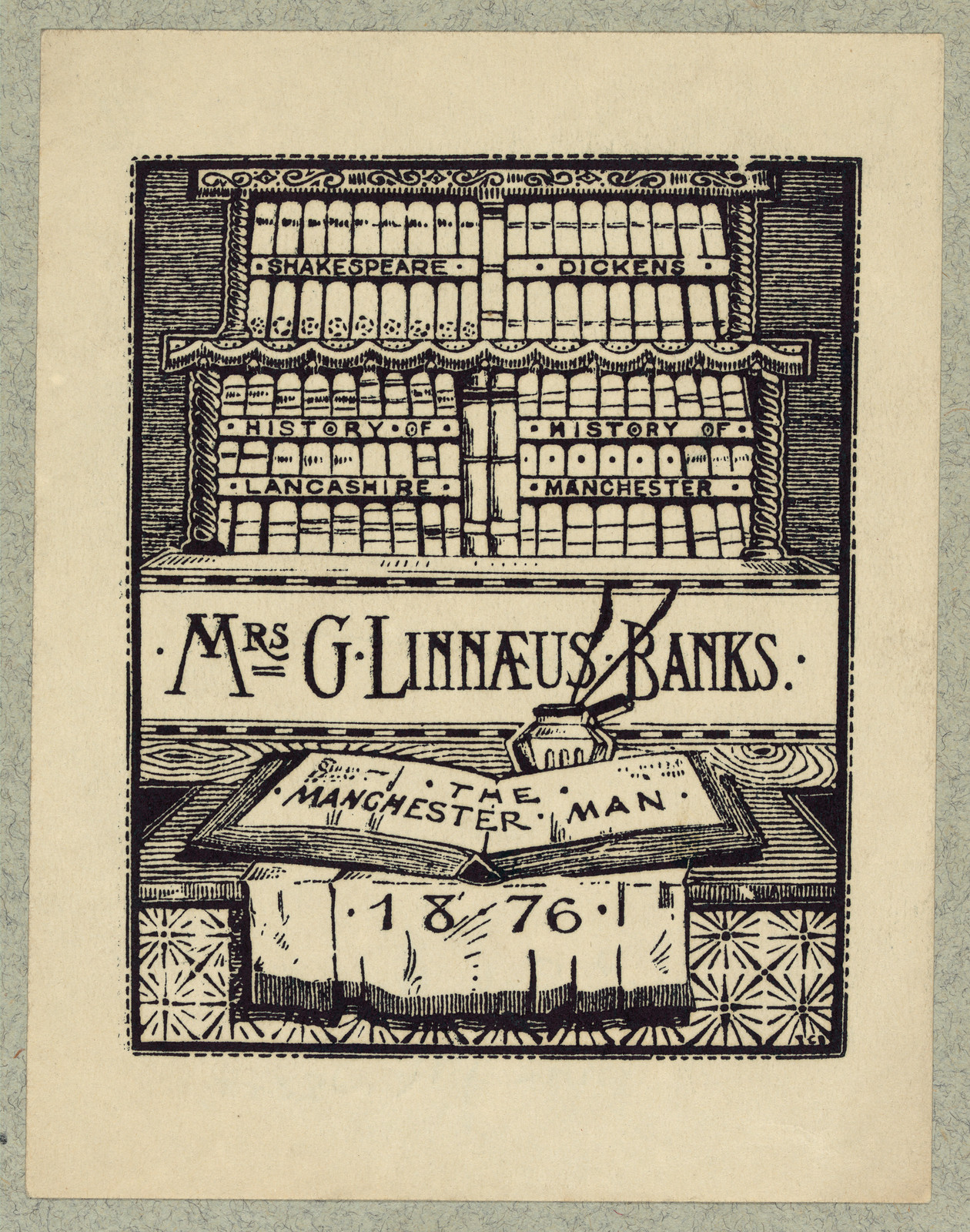 Bookplate of Mrs G. Linnaeus Banks, The Manchester Man, 1876 — historic image