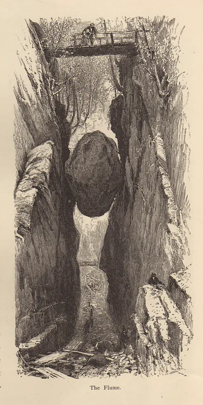 The Flume, a rocky gorge with a wedged boulder