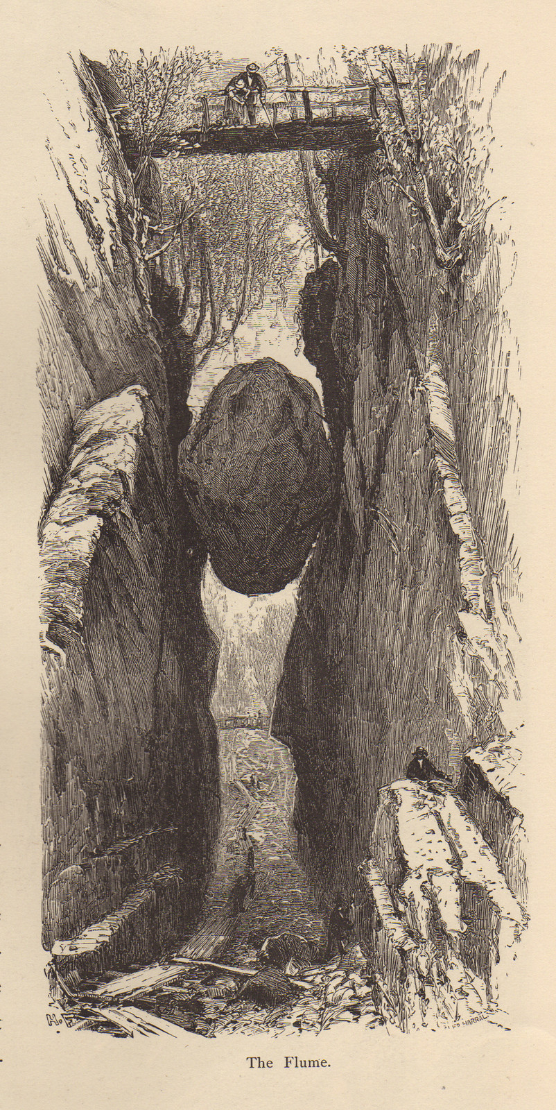 The Flume, a rocky gorge with a wedged boulder — historic image
