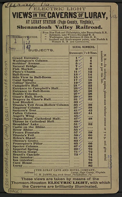 Electric Light Views of the Caverns of Luray, subject list