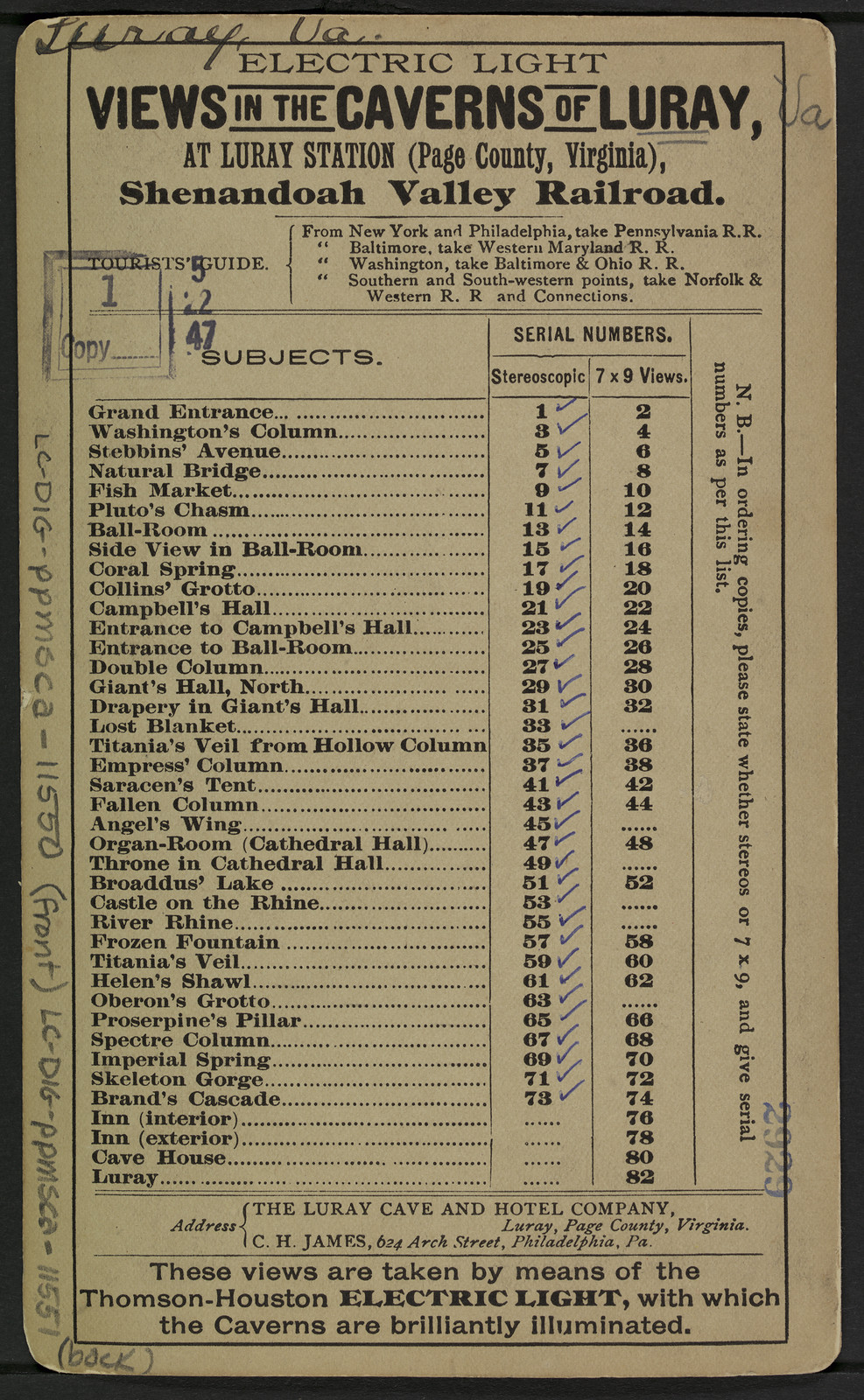 Electric Light Views of the Caverns of Luray, subject list — historic image