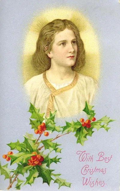 Christmas card with halo figure and holly