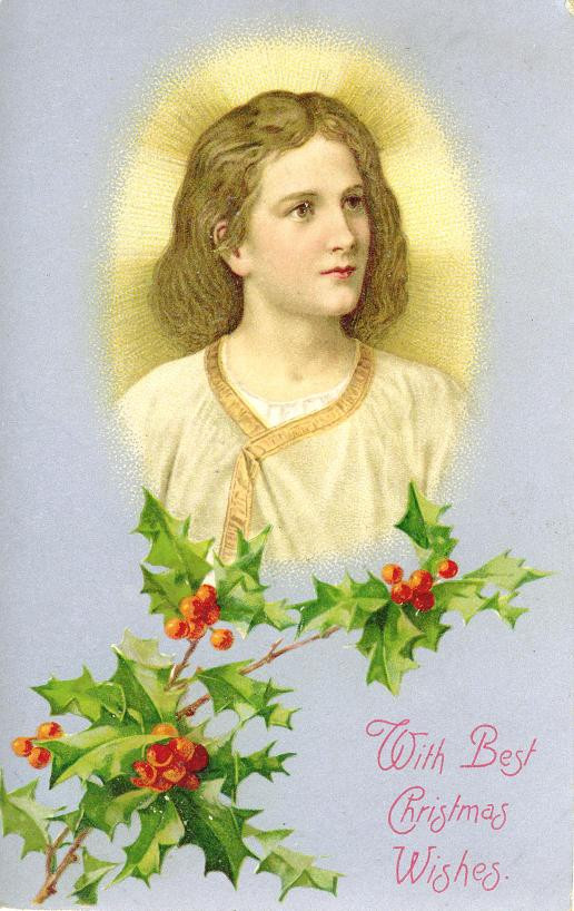 Christmas card with halo figure and holly — historic image