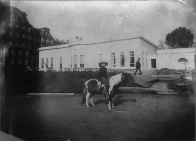 Archie Roosevelt, full-length portrait, on his calico Shetland pony Algonquin facing right; in front of the new White House offices