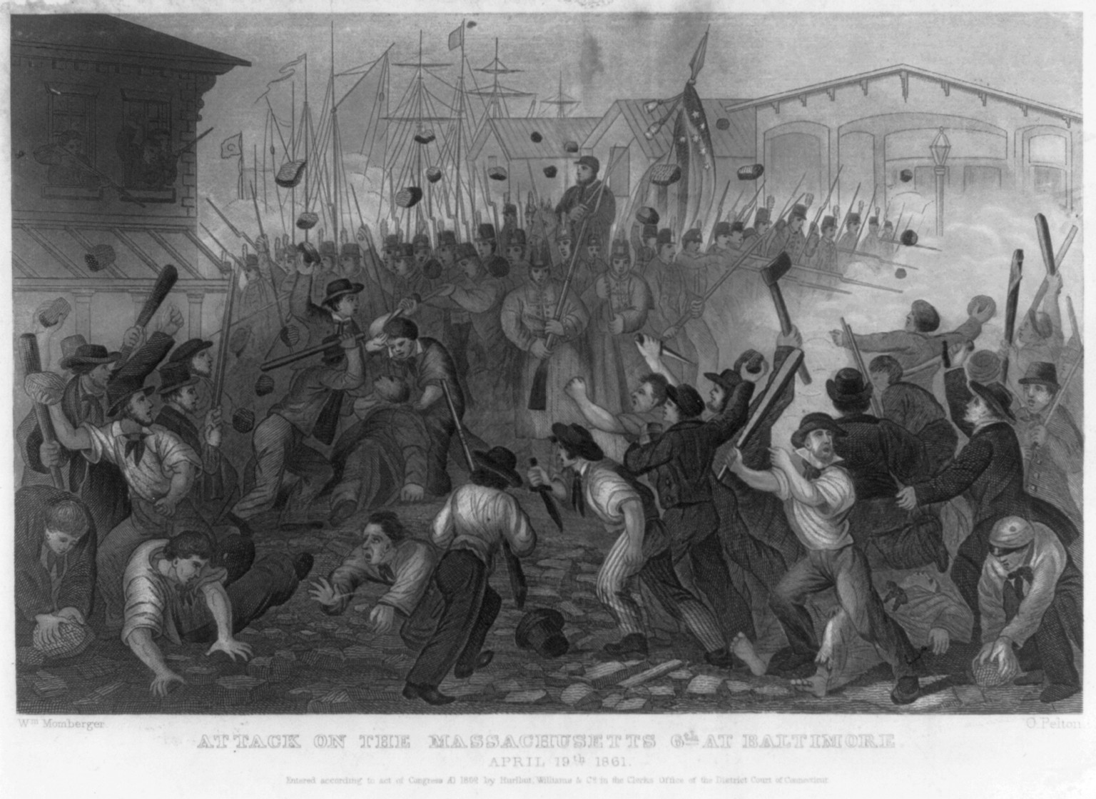 Attack on the Massachusetts 6th at Baltimore, April 19, 1861, [no date recorded on caption card] — antique engraving