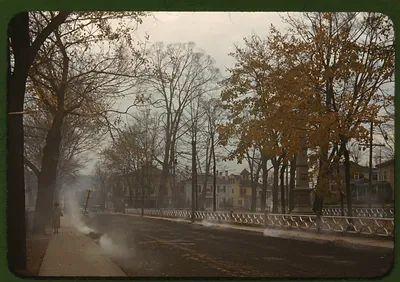 Autumn street with monument, houses and steam rising
