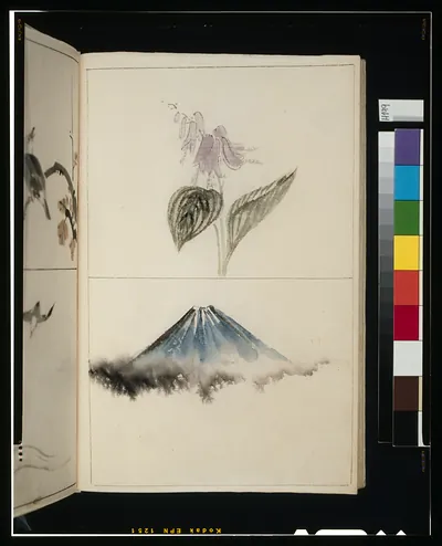 Watercolor of Mount Fuji and a flower on a bound album page
