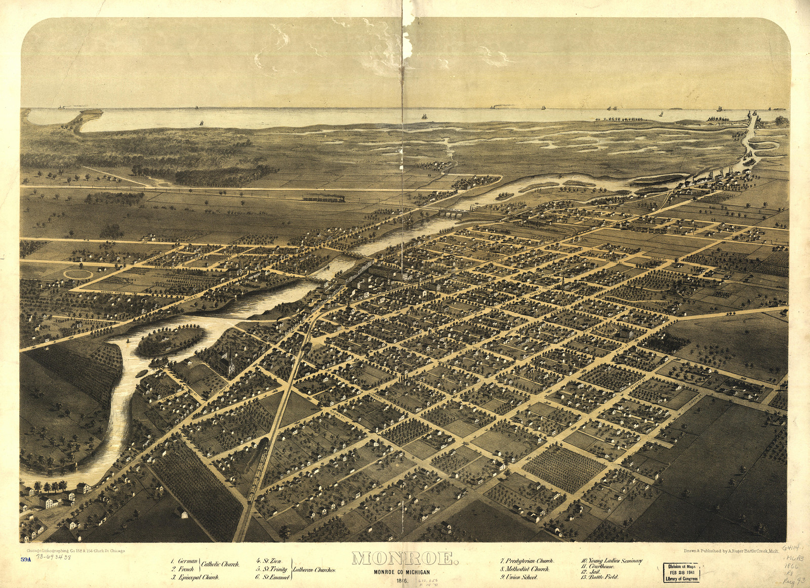 Monroe, Michigan, 1866, 1866 — antique map