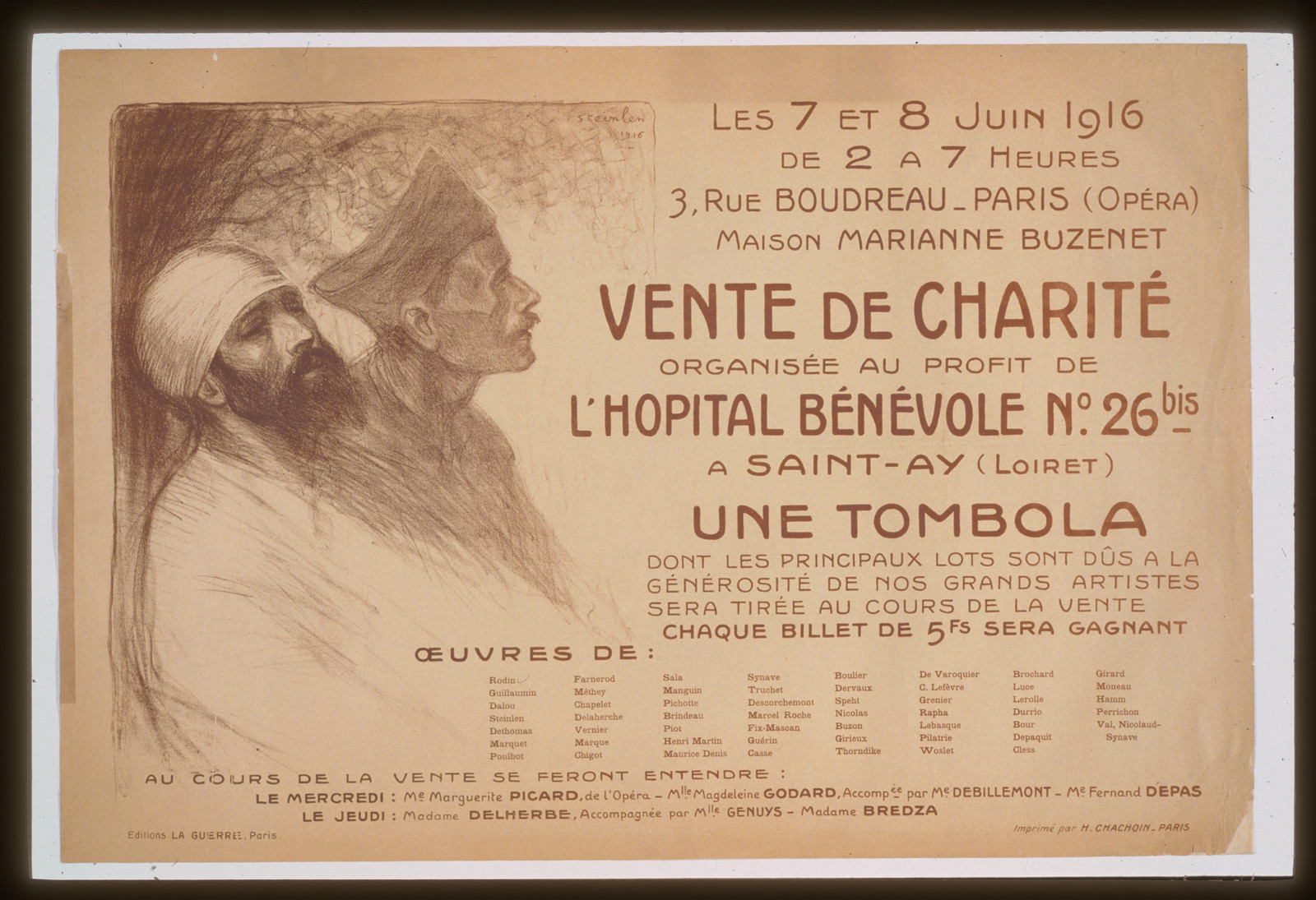 Vente de chariteacute organiseacutee au profit de lhocircpital beacuteneacutevole . . ., 1916 — vintage poster