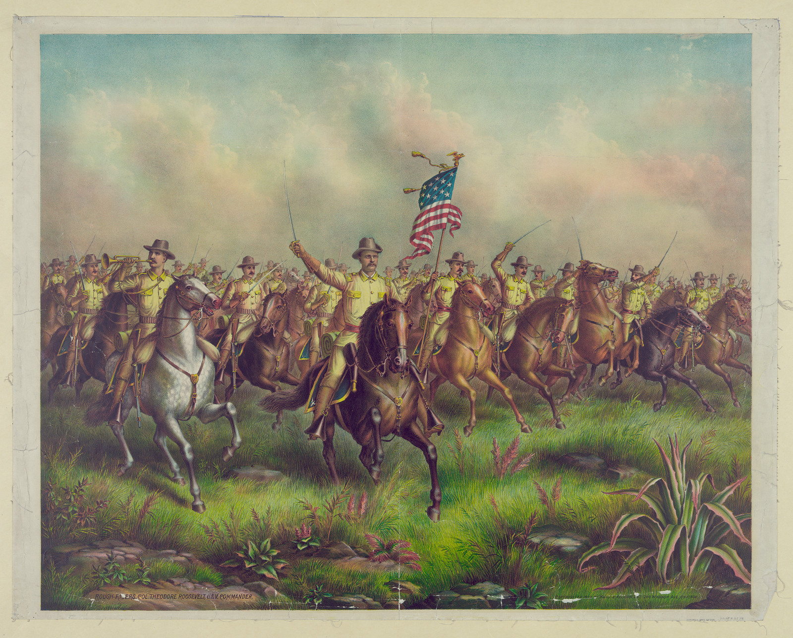 Colonel Theodore Roosevelt leading mounted Rough Riders with flag — historic image