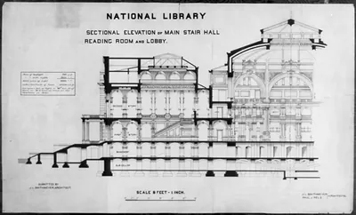 [Library of Congress, Washington, D.C. Sectional elevation: main stair, lobby, reading room]