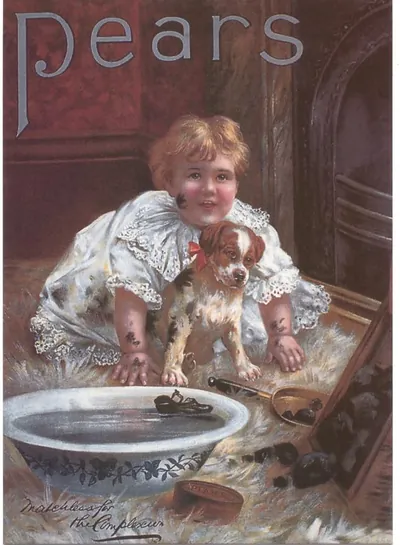 Pears soap advert: child with puppy beside washbasin