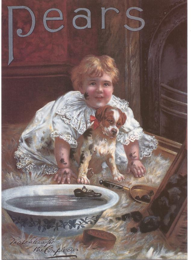 Pears soap advert: child with puppy beside washbasin — historic image