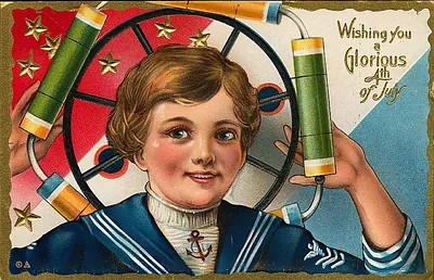 Sailor boy with firecrackers, Glorious 4th of July postcard