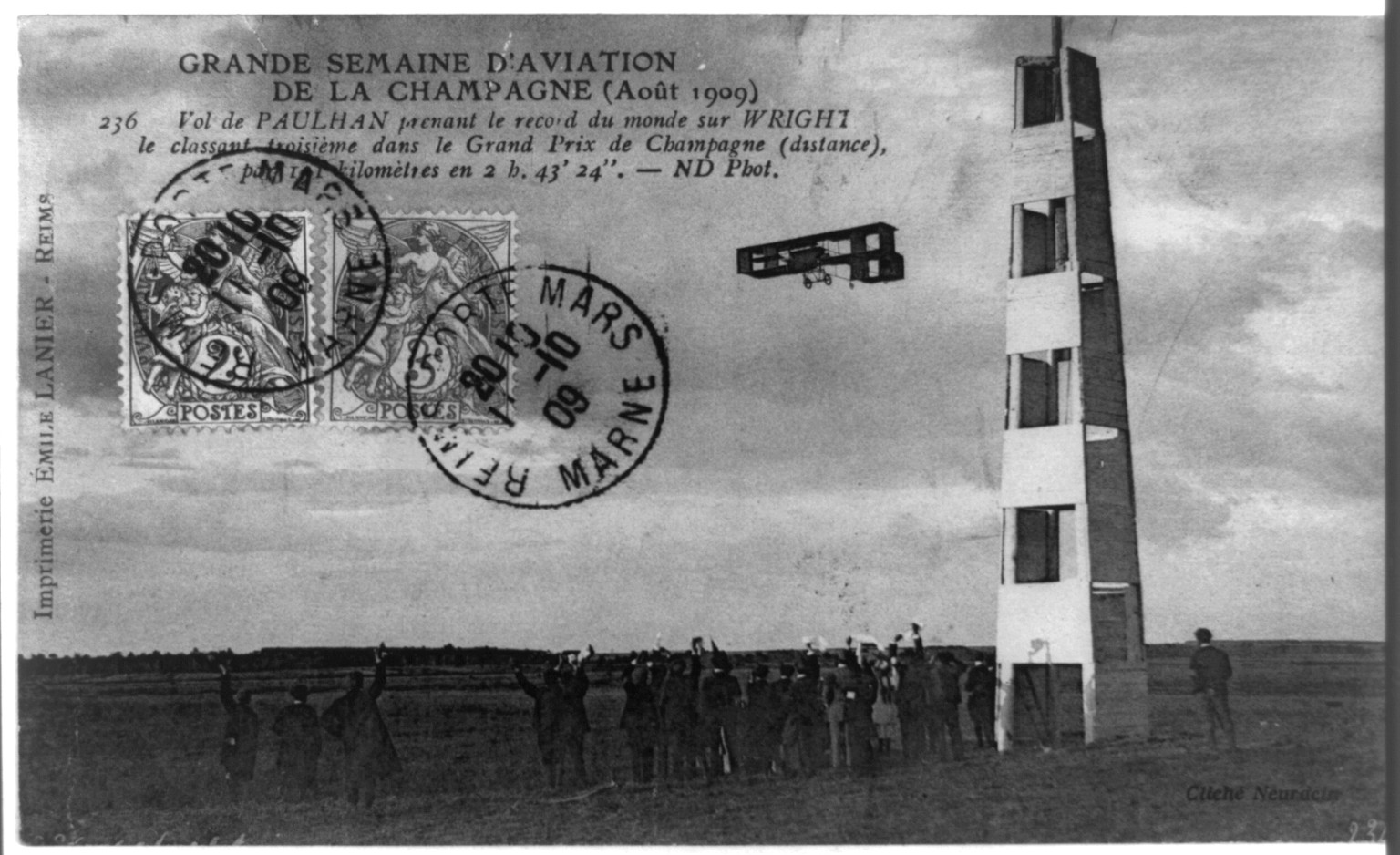 [Louis Paulhan rounding the marker and winning the distance record at Reims, France, Aug. 1909], 1909 — historic photograph