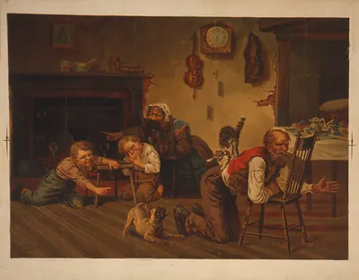 [Two children enjoying the commotion caused at meal time when a dog has chased a cat onto the back of their father] / A. Willard.