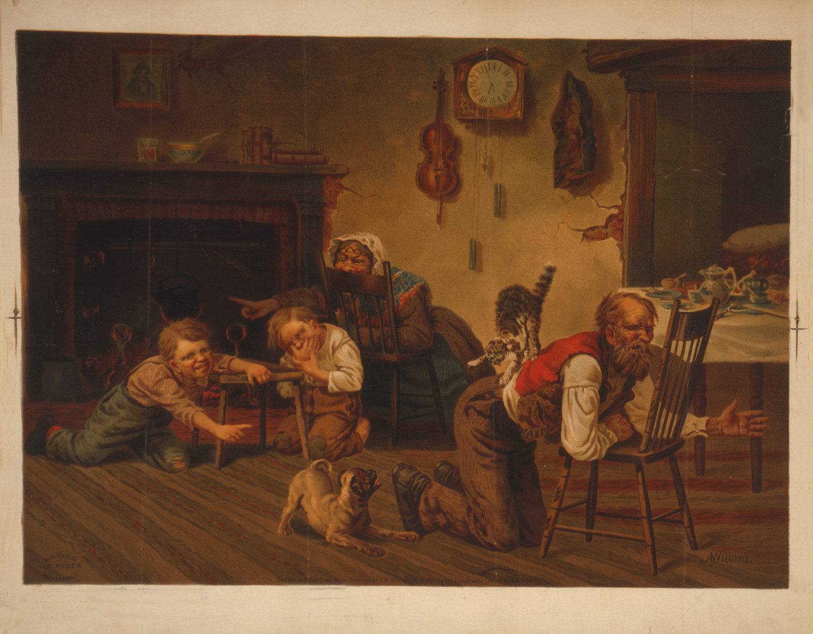 [Two children enjoying the commotion caused at meal time when a dog has chased a cat onto the back of their father] / A. Willard., Cleveland, O[hio] : Published by J.F. Ryder, c1874. — historic image