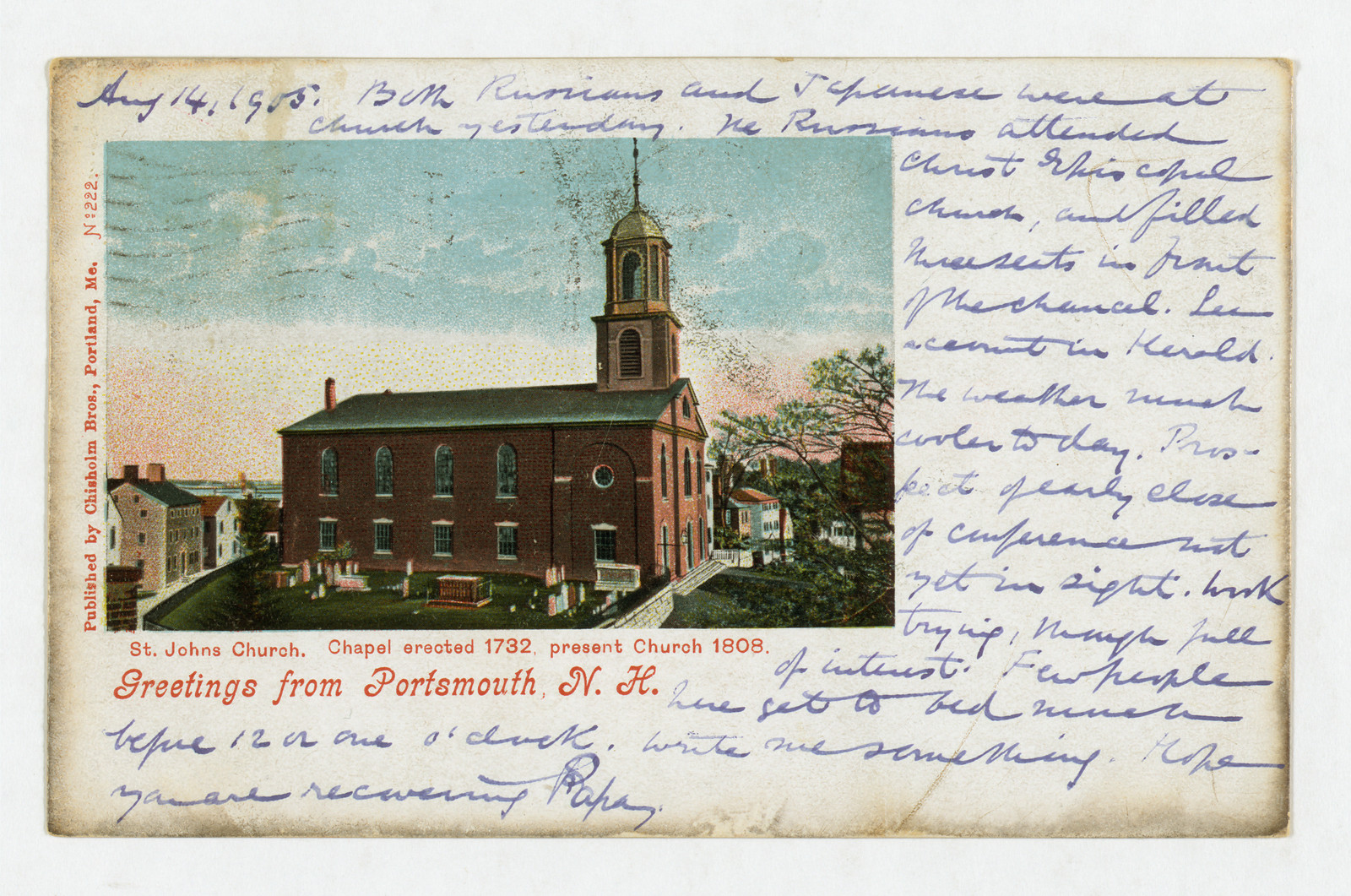 Postcard: St Johns Church, Greetings from Portsmouth, N.H. — vintage postcard
