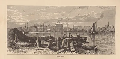 Toledo, Ohio waterfront engraving with boats and piers