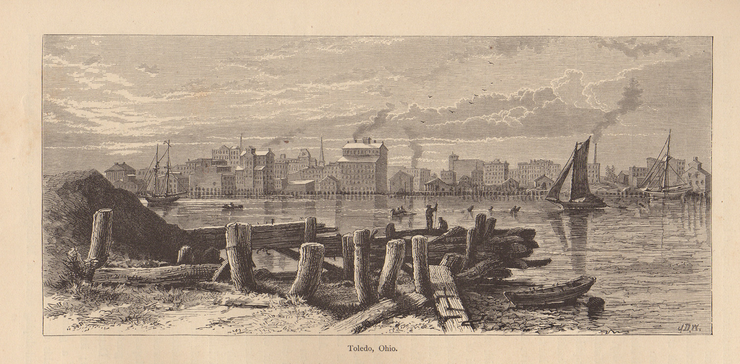 Toledo, Ohio waterfront engraving with boats and piers — antique engraving