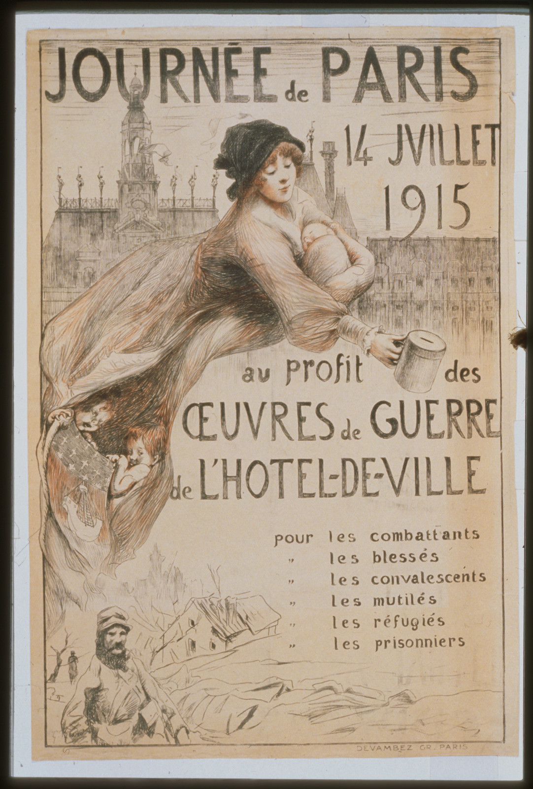 Journeacutee de Paris. 14 Juillet 1915 au profit des oeuvres de guerre de lHocirctel-de-Ville. Pour les combattants . . ., 1915 — vintage poster