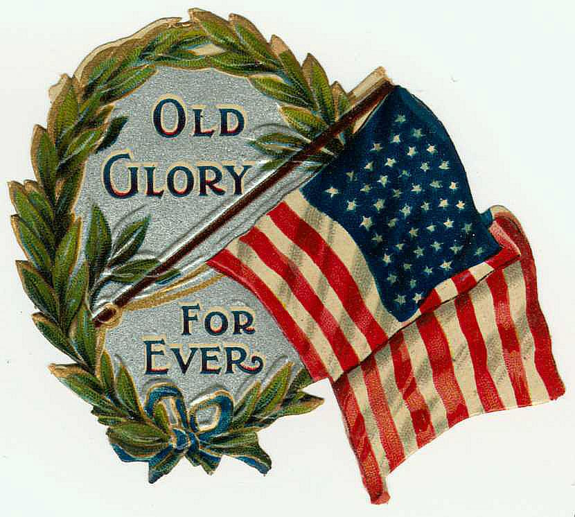 Old Glory For Ever, flag in laurel wreath — historic image