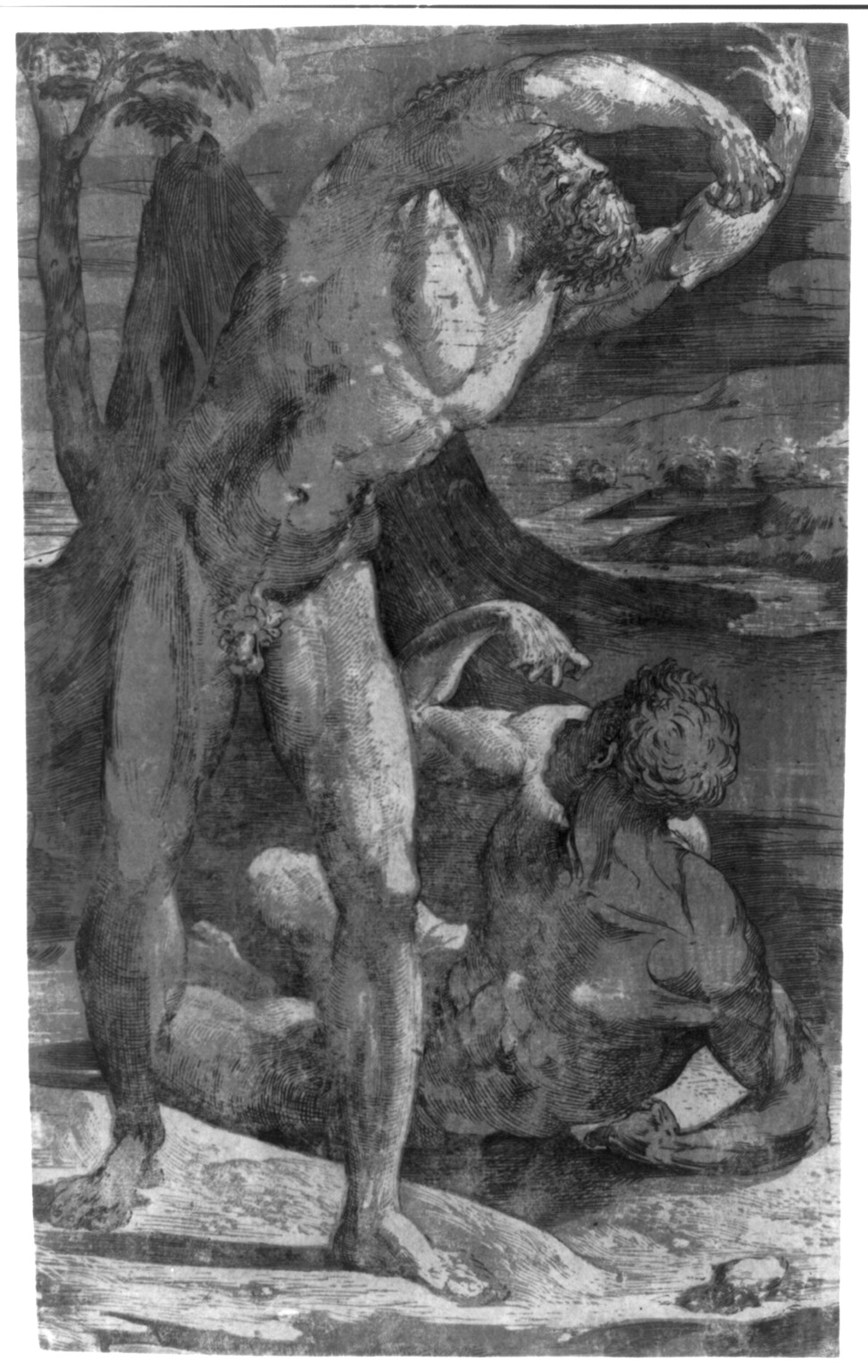 Two nude men: one standing, one reclining, [between 1500 and 1551] — antique engraving