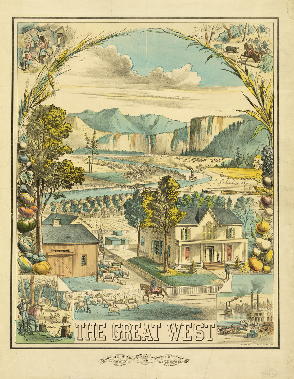 The Great West: lithograph of farm, valley and steamboats — antique lithograph