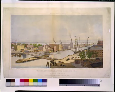 View of Rush St. bridge & c. from Nortons Block River St. E. Whitefield's views of Chicago / from nature by E. Whitefield ; lith. & printed by Chas. Shober, Chicago.