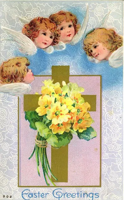 Easter Greetings card with angels, cross and primroses