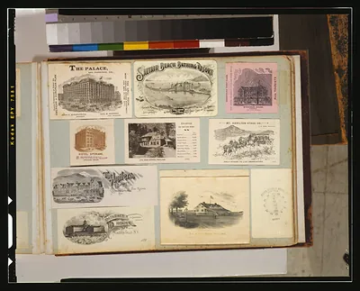 [Souvenirs from a trip to the United States including postcards and advertising cards for hotels and attractions]