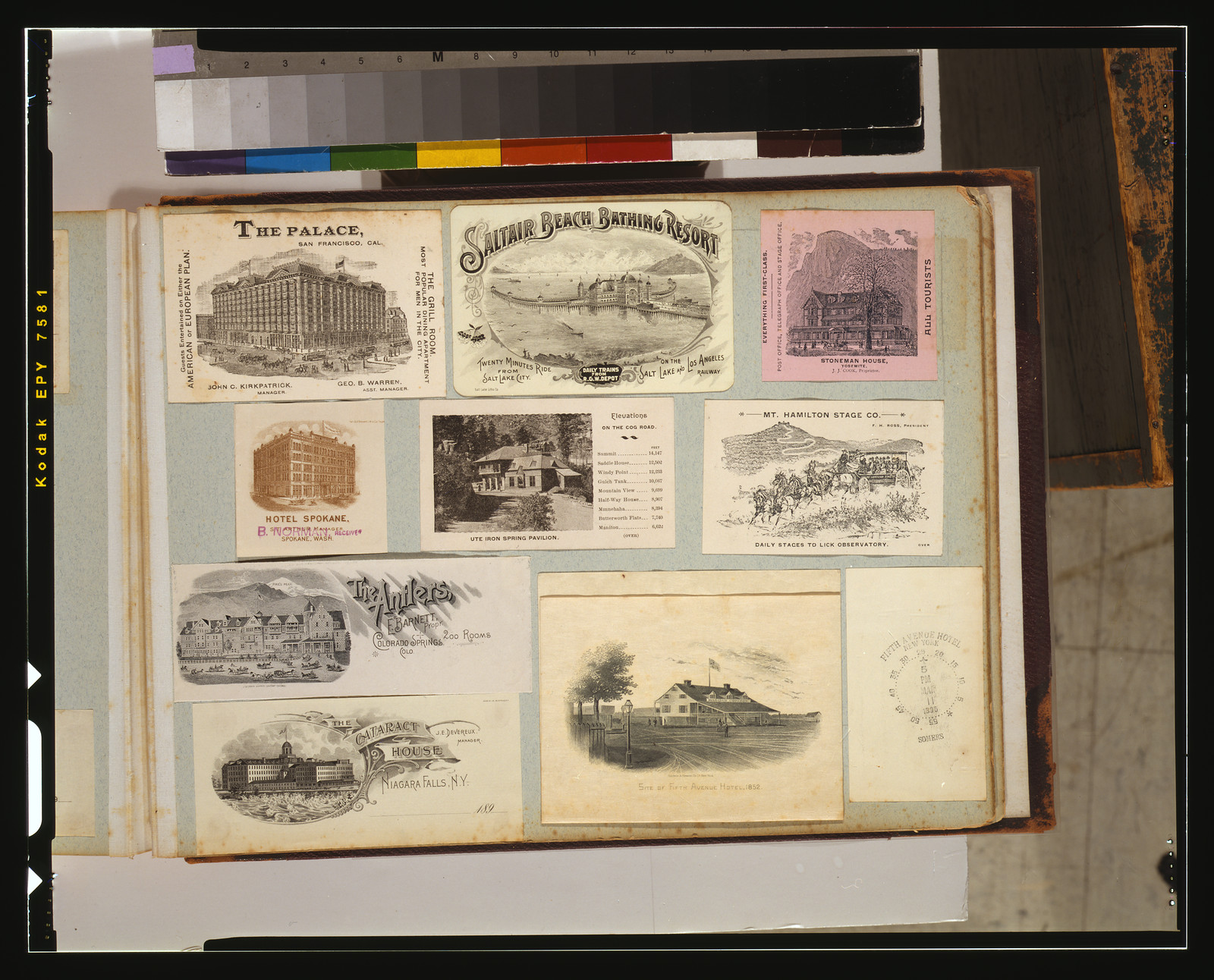 [Souvenirs from a trip to the United States including postcards and advertising cards for hotels and attractions], 1895 — vintage postcard