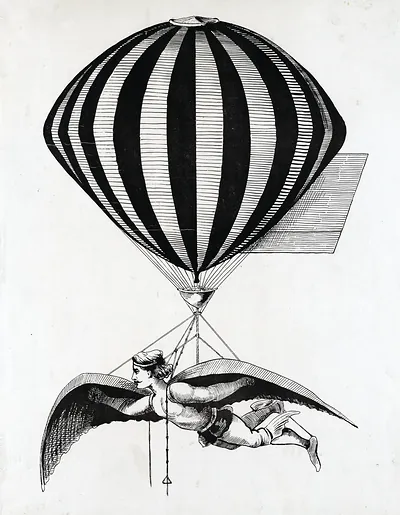 Winged man suspended beneath a striped balloon, engraving