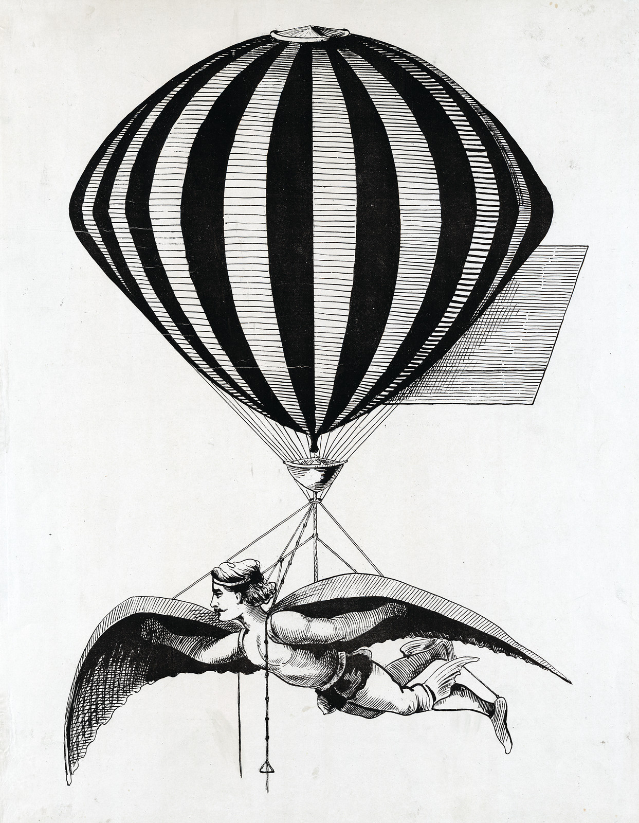 Winged man suspended beneath a striped balloon, engraving — antique engraving