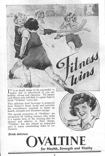 Ovaltine advertisement: Fitness Wins, girls playing hockey