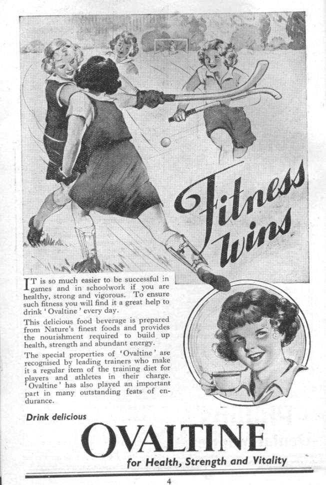 Ovaltine advertisement: Fitness Wins, girls playing hockey — historic image