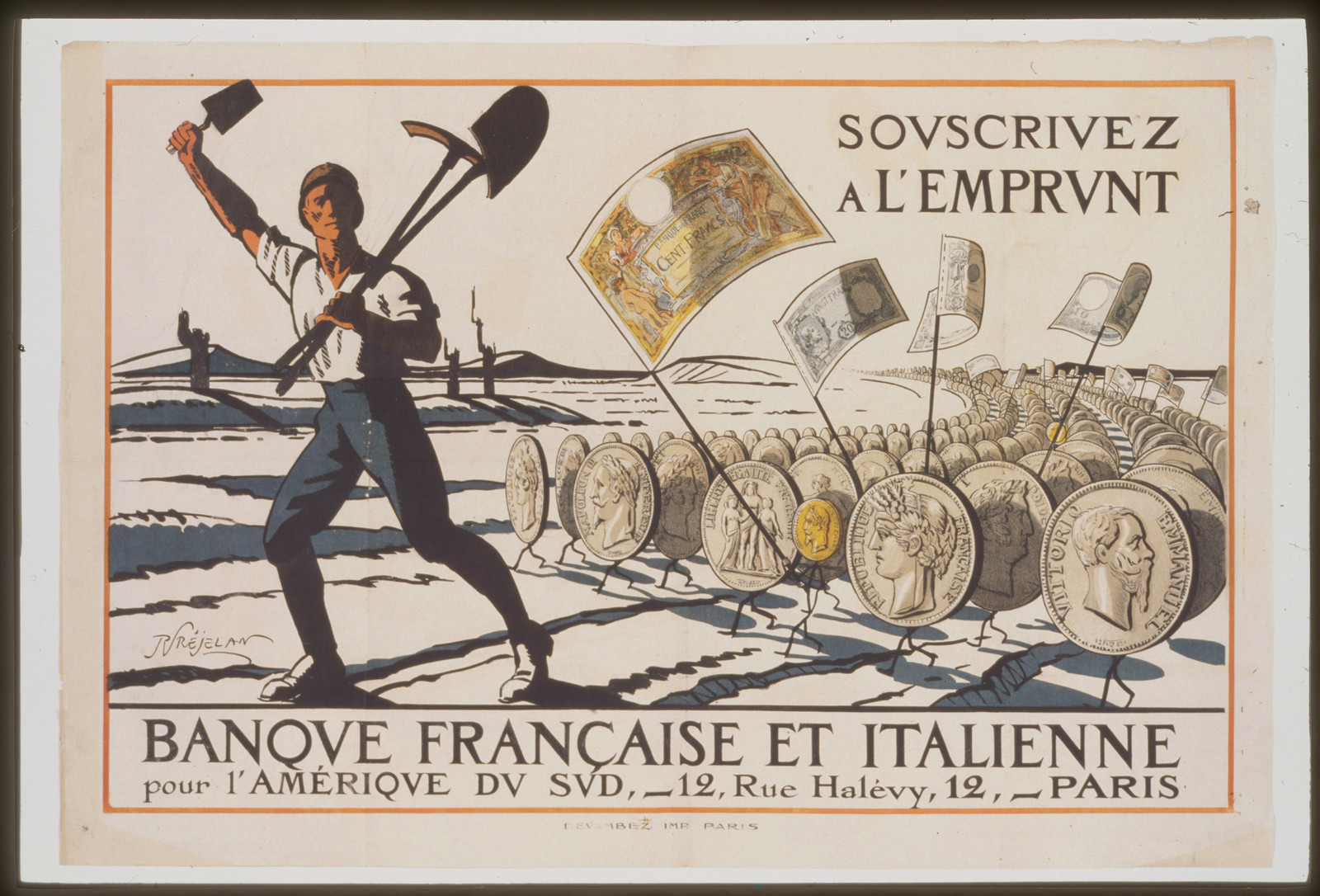 Souscrivez aacute lEmprunt. Banque Franccedilaise et Italienne pour lAmeacuterique du sud, 1920 — vintage poster