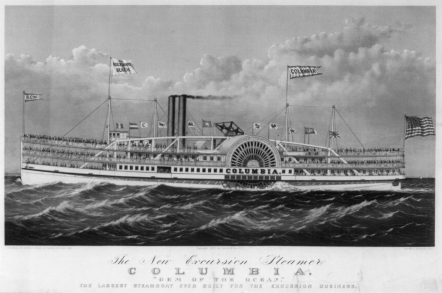 The new excursion steamer Columbia: gem of the ocean"", New York : Published by Currier & Ives, c1877. — antique lithograph