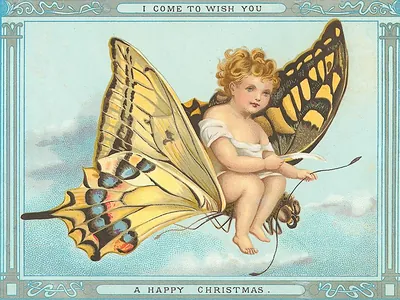 Victorian Christmas card: winged child riding a butterfly