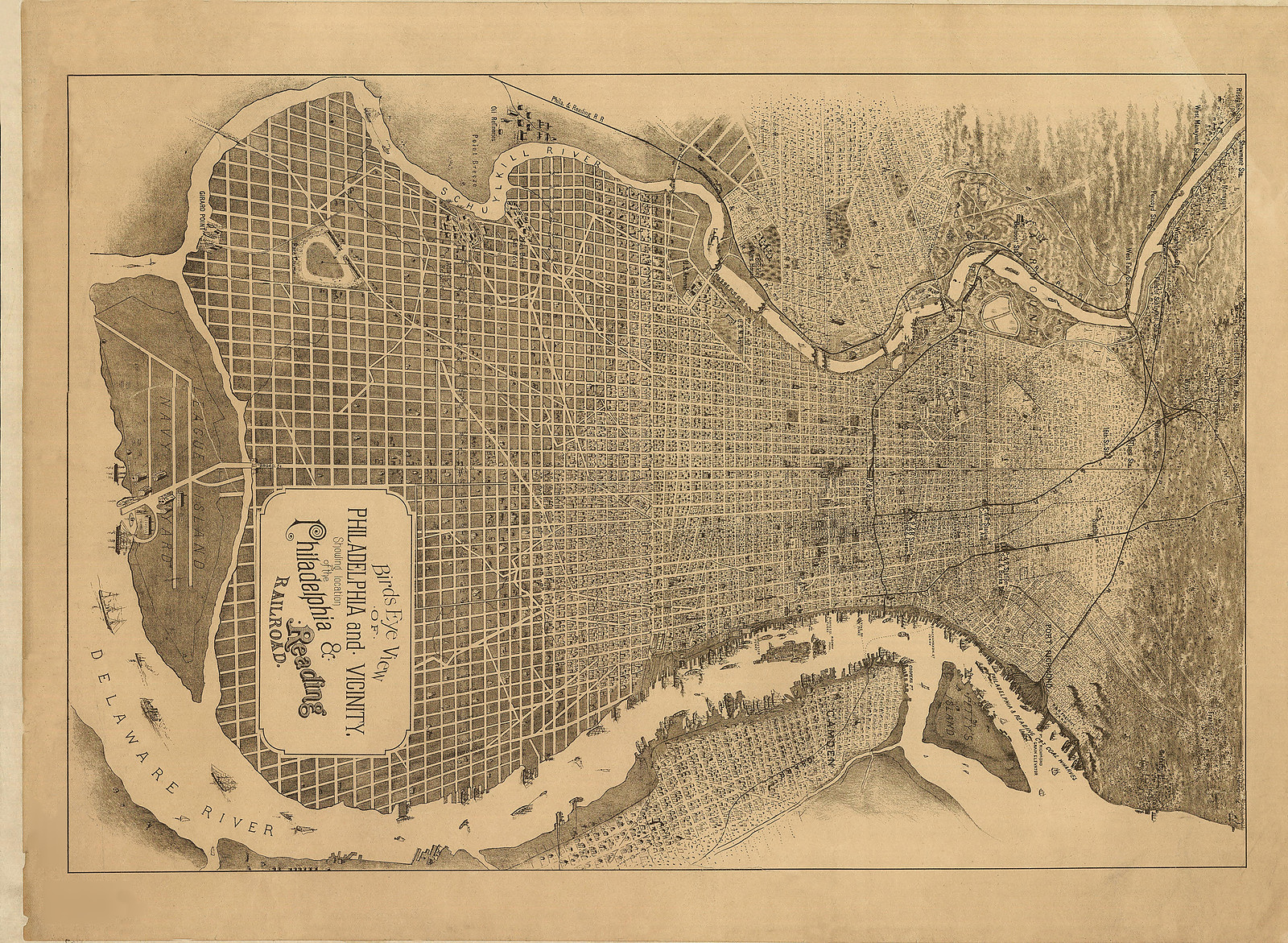 Birds Eye View of Philadelphia and Vicinity, Philadelphia & Reading Railroad — antique map